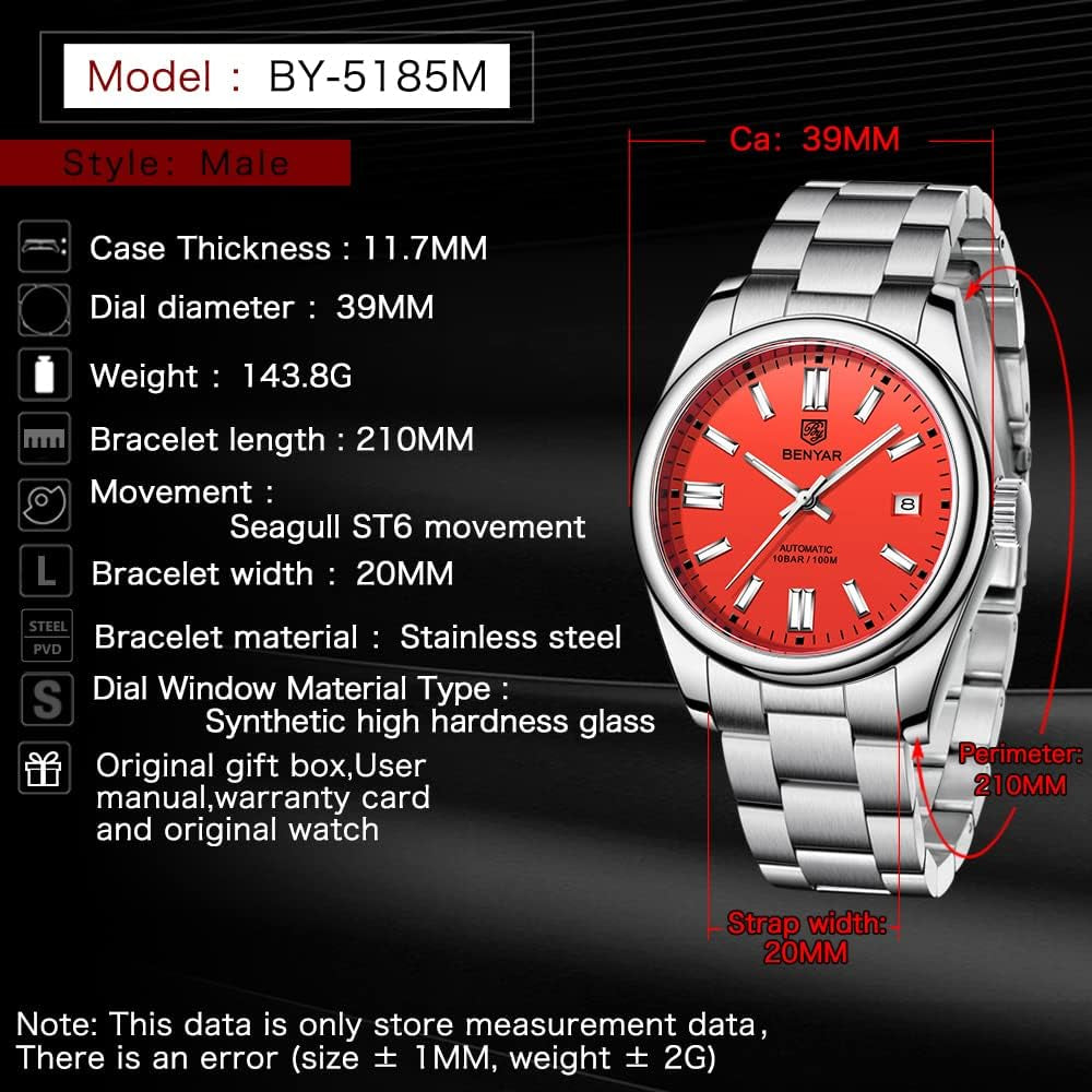 BENYAR Men'S Watch Waterproof Sports Mechanical Watch Stainless Steel Strap Men'S Mechanical Wrist Watch (Steel Red)…